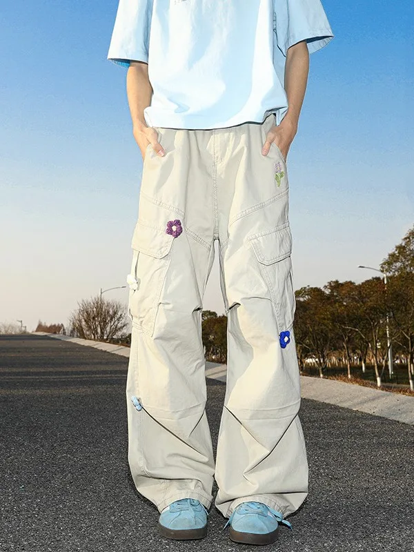 

Мужские модные рабочие брюки в стиле ретро с американской цветочной вышивкой, с высокой талией, заниженной линией бедра, прямые, из хлопка, весенние