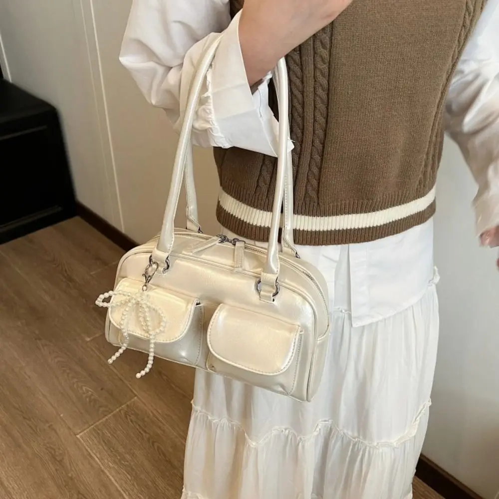 

Casual Korean Style PU Bowling Bag Handbag Minority Design Pocket Boston Tote Bag French Style Solid Color Underarm Bag Travel