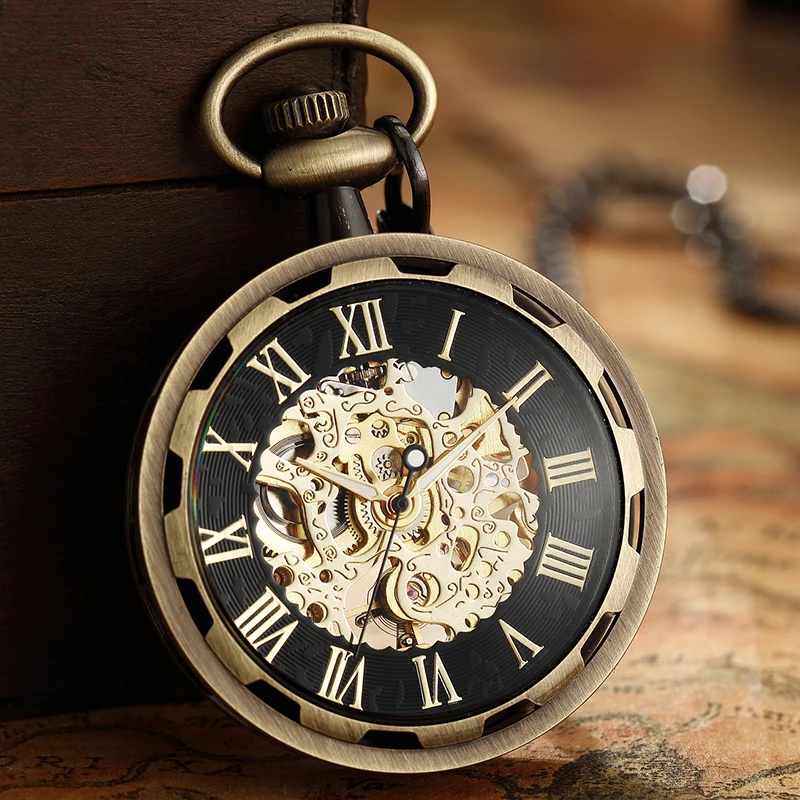 Luxury Golden Mechanical Pocket Watch for Men Women Smooth Vintage Roman Numeral Dial Man Fob Chain Pendant 2023