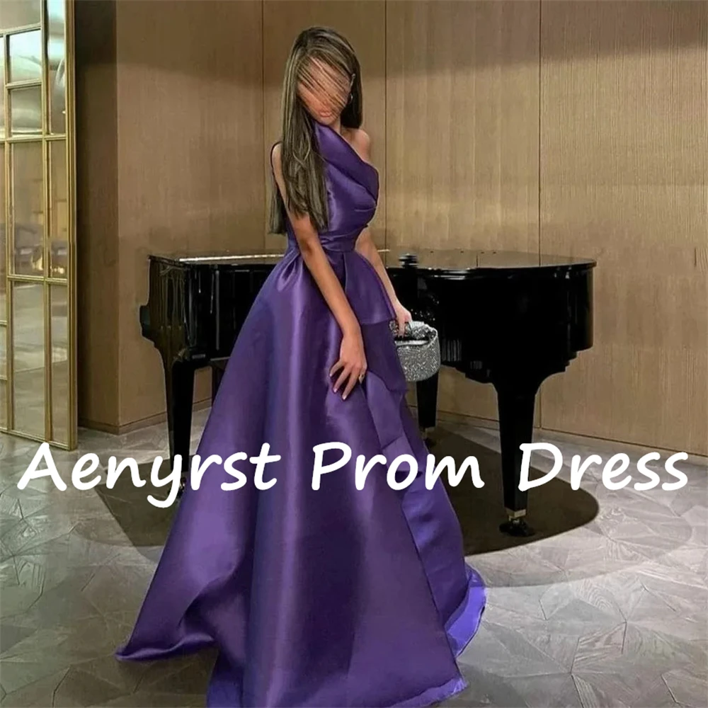 Aenyrst Grape Purple One Shoulder Prom Dresses Mermaid Satin Pleated Cocktail Gowns Sweep Train Party Dress Long فساتين السهرة