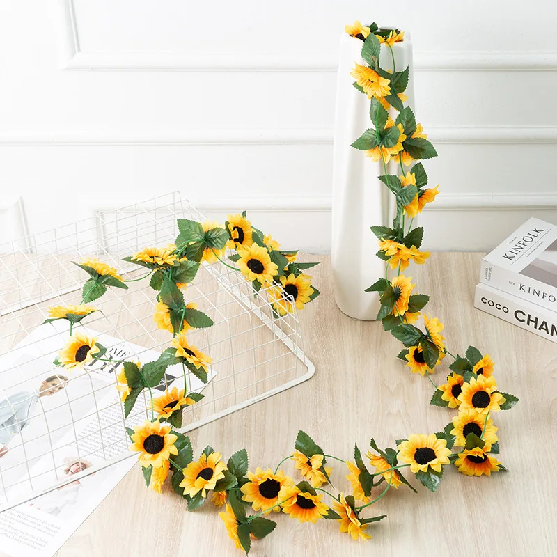 

New style 2.3m Sunflower Artificial Flowers Vine Fake Sunflower Vine Flower Rattan for Wedding Party Christmas Garden Decoration