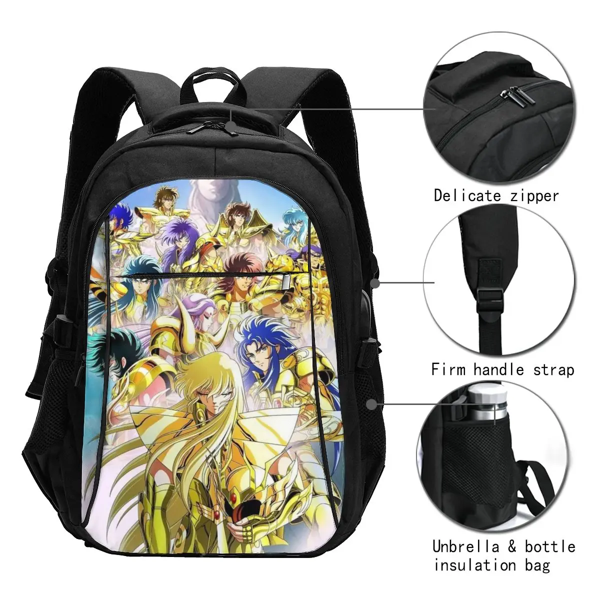 Anime Saint Seiya Travel Laptop Backpack, Business Water Resistant Laptop Backpack with USB Charging Port, College Bag