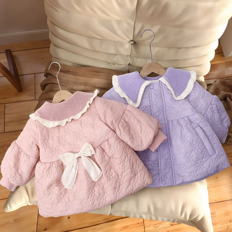 

Стеганая куртка для девочек 3-8 лет, детское утепленное пальто, зимняя теплая верхняя одежда, новая осенняя хлопковая одежда, детский милый топ с бантом