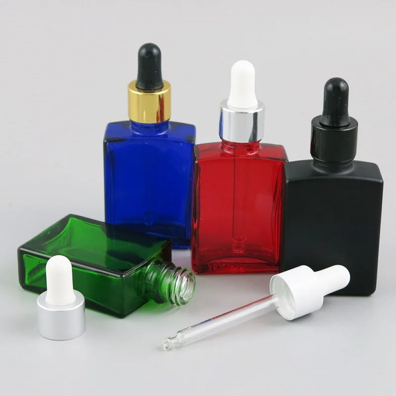 30ml square shape glass bottle aluminum dropper lid E-liquid essential oil serum moisture toner water skin care packing