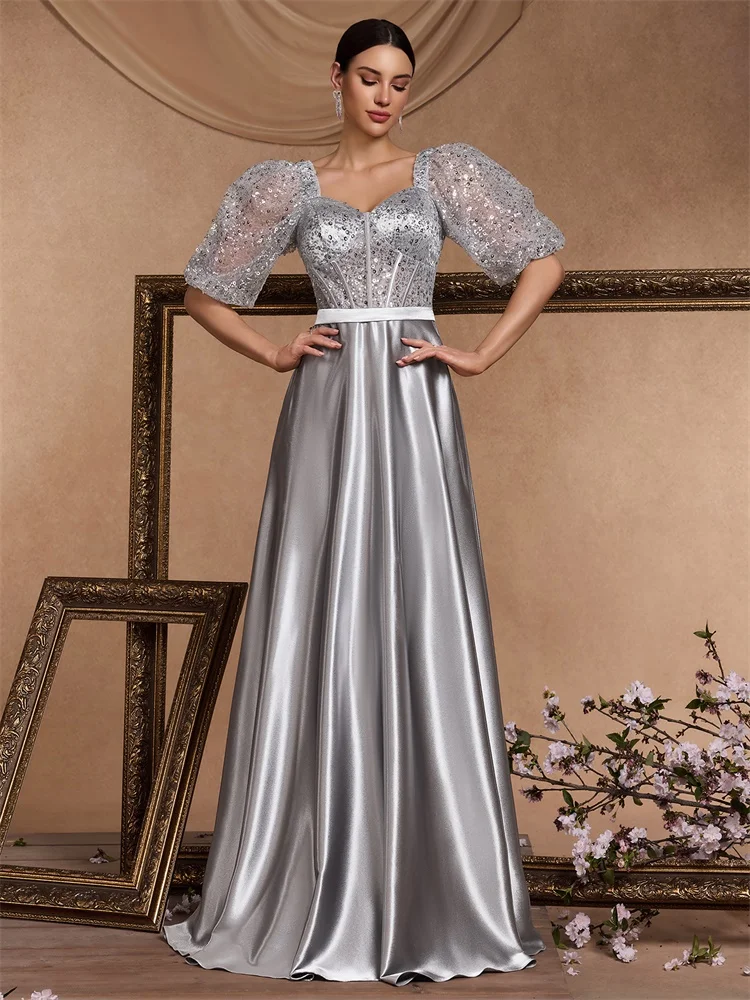 

XUIBOL Luxury Grey V-Neck Sequin Evening Dress Elegant Women Splice Party Satin Maxi Short Sleeve Gown Cocktail Prom