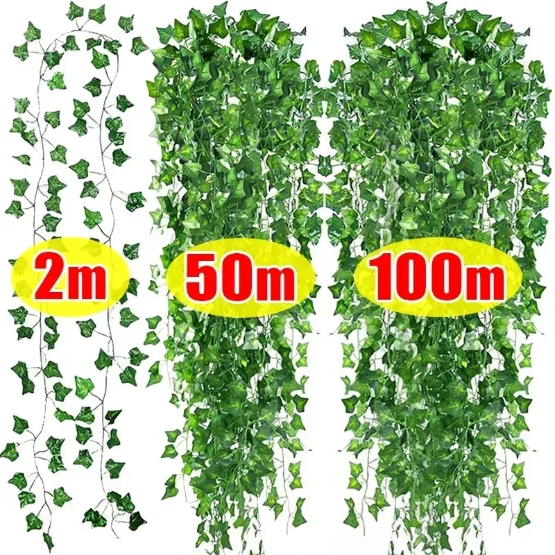 100/2M Artificial Green Ivy Vine Garland Fake Leaf Plants Rattan Hanging Creeper Garlands for Garden Wedding Party Wall Decor