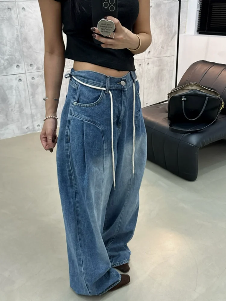 

Casual High Waist Wide Leg Jeans Women's Loose Fit Belted Design Loose Feelings Scythe Pants Floor-Length Trousers