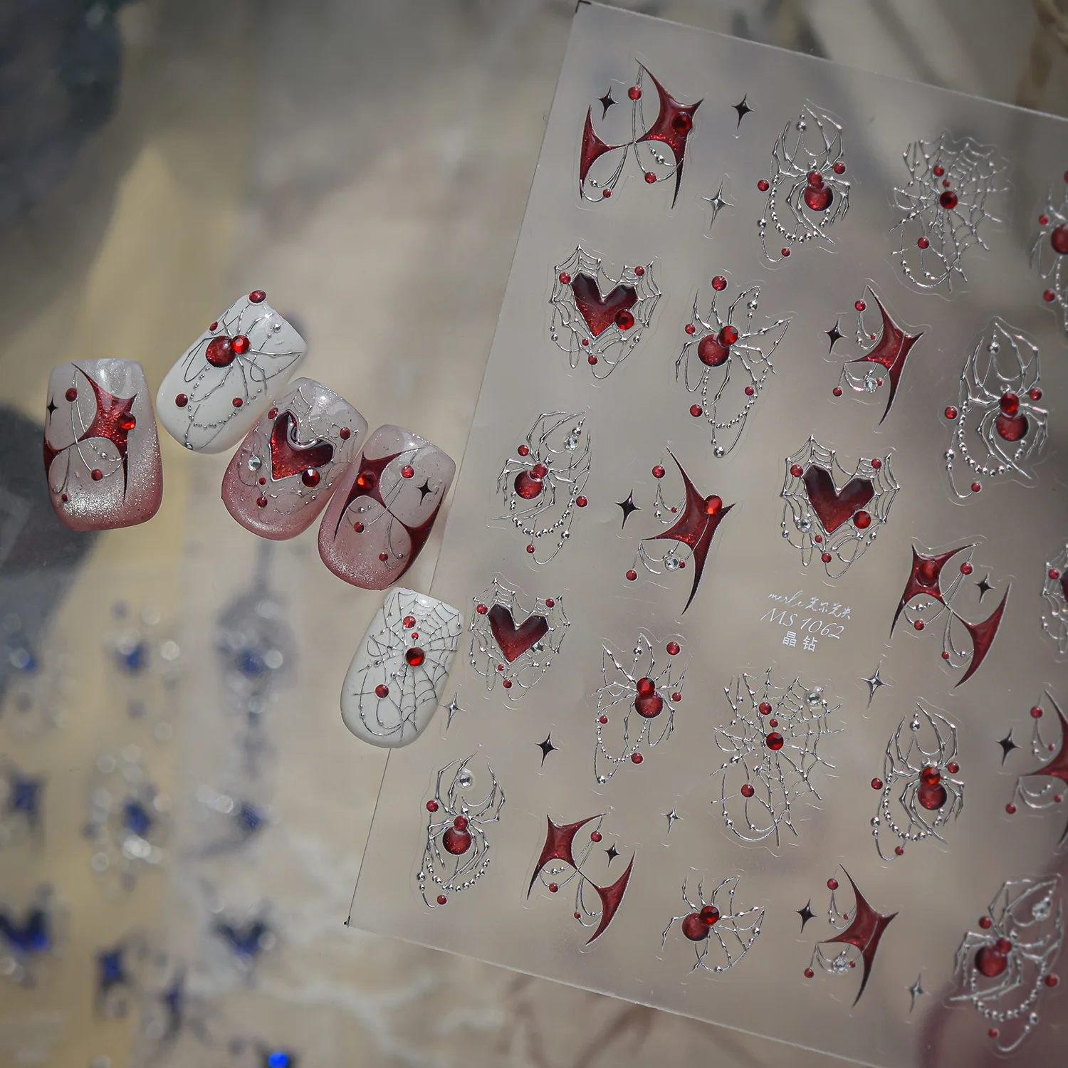 Dark Silver Blue Red Bling Spider Hollow Cobweb Pointed Heart Frame Star Gothic 5D Nail Art Stickers Y2K Self Adhesive Decals