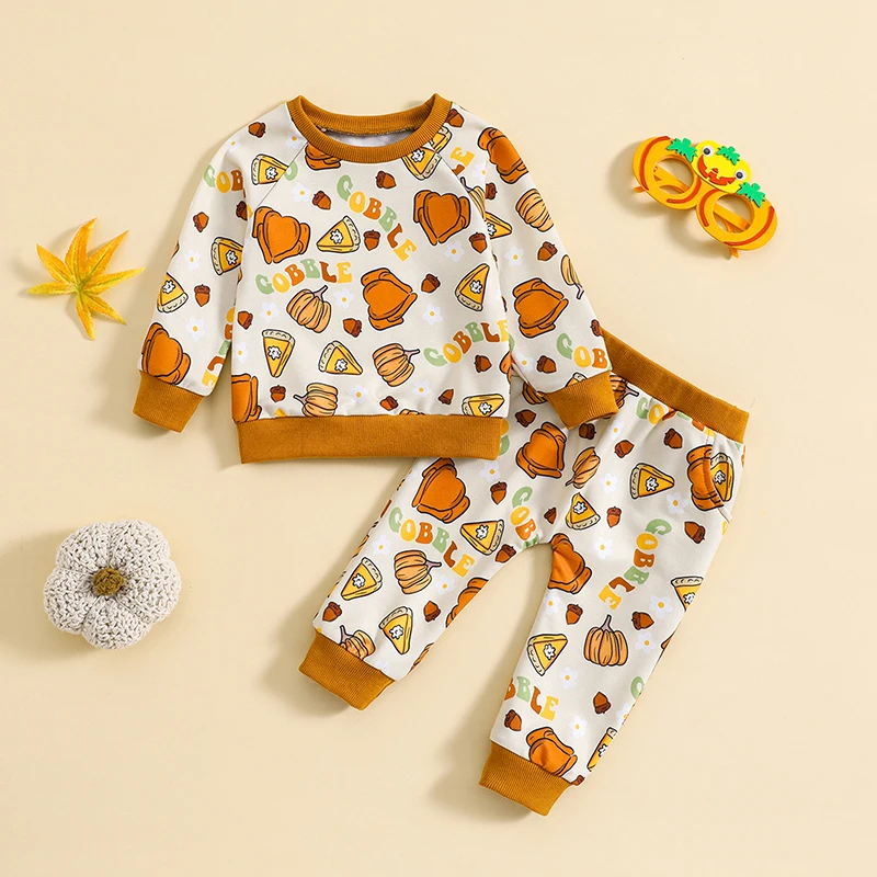 Baby Girl Fall Outfit Flower Pumpkin Print Long Sleeve Sweatshirts Elastic Waist Long Pants 2Pcs Halloween Clothes Set 0-3 Years image 4