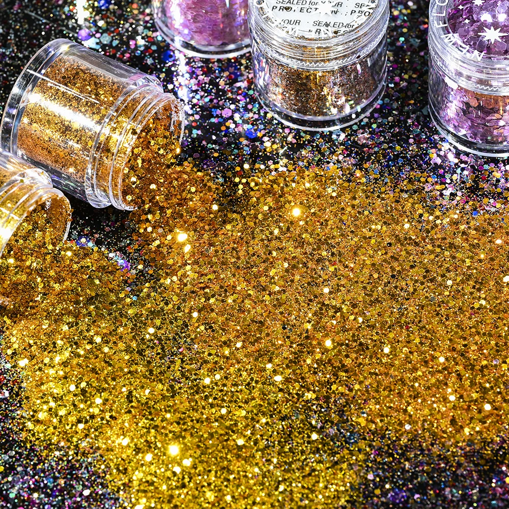 1/3/4/5 Jars Iridescent Nail Art Glitter Sequins Holographic Laser Gold/Silver Colorful Powder Sparkly Hexagon Chunky Flakes