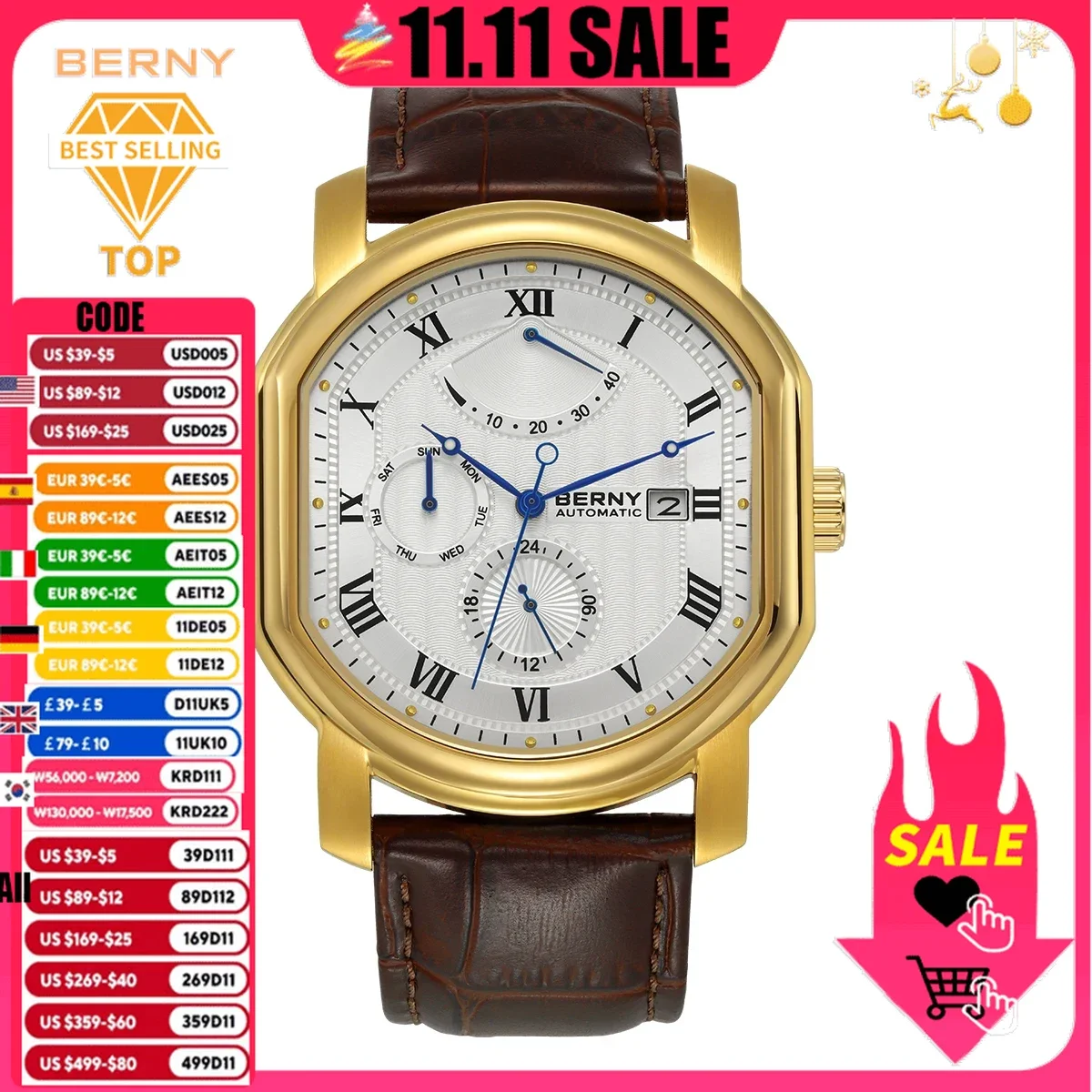 

BERNY Luxury Men Automatic Watch Miyota 9110 Japan MOVT Stainless Steel Sapphire 5ATM Waterproof Wristwatch Mechanical Watch Men