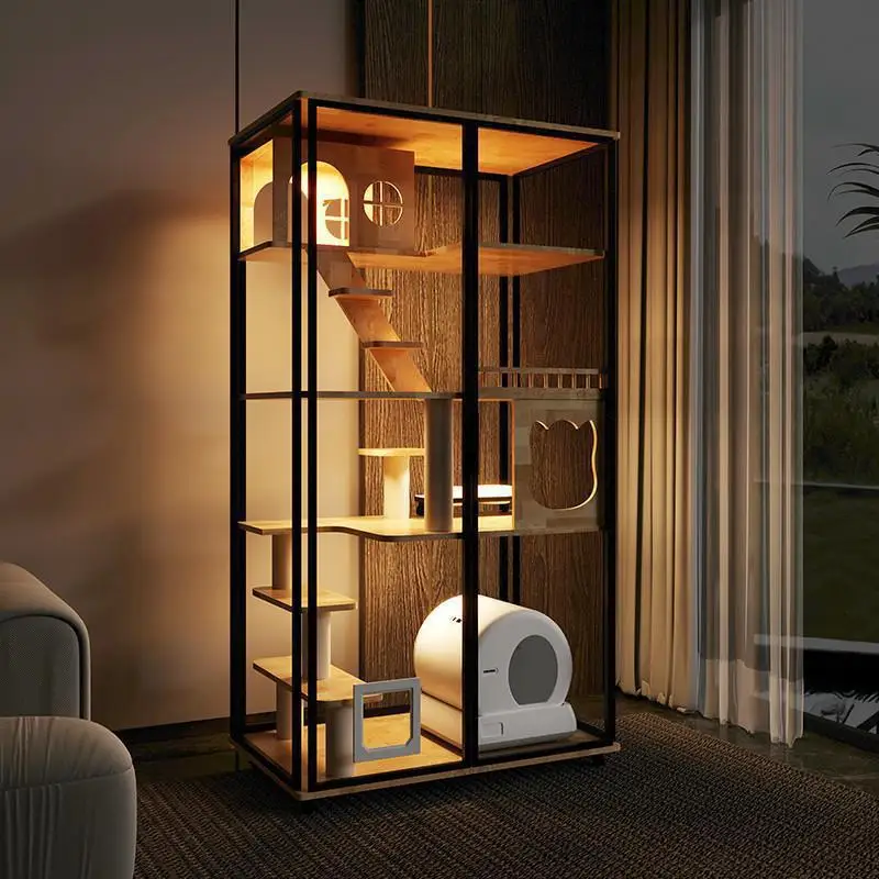 Caja de arena automática, casa en T de madera maciza de vidrio de lujo, sala de gatos, villa en T, gabinete doméstico panorámico transparente