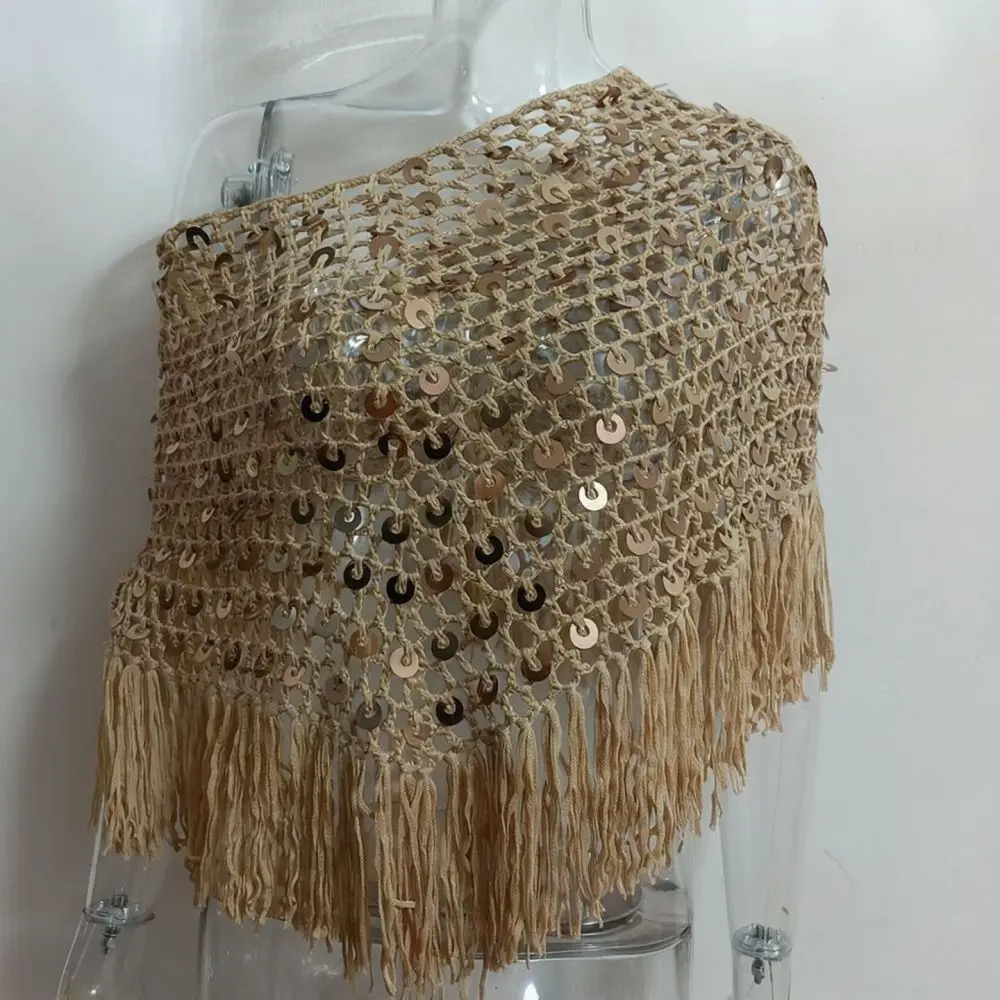Womens Fashion Triangle Scarf Handmade Crochet Beach Wrap Summer Sequin Tassel Shawl Bohemian Style Knit Cape Vacation Decor