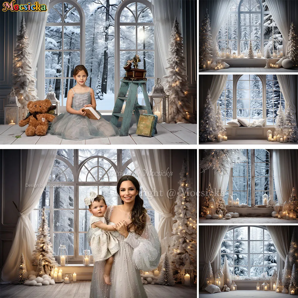 Christmas Room Background Frozen Pine Forest Window Candle Decor Backdrop Photography Kids Family Photo Winter Studio Supplies