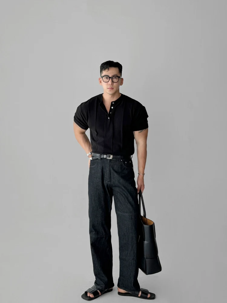 

American Henry Collar Slim Fit Knitted ort Sve T irt для мужчин Summer New Sle Light Maturi Busin Commuter Versati...