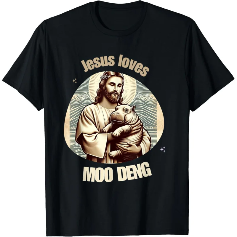 

Vintage Jesus Loves Moo Deng Bouncy Cute Baby Hippo Adorable T-Shirt