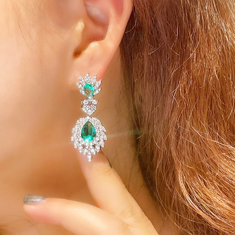 Pera Attractive Green Blue CZ Stone Long Water Drop Dangle Earrings for Ladies Party Night Silver Color Jewelry Accessories E010