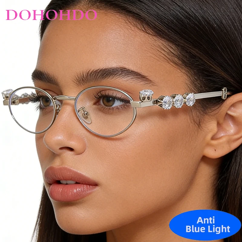 Retro Rhinestone Small Oval Metal Frame Anti Blue Light Computer Glasses Women Men New Fashion Brand Designer Classic Eyeglasses