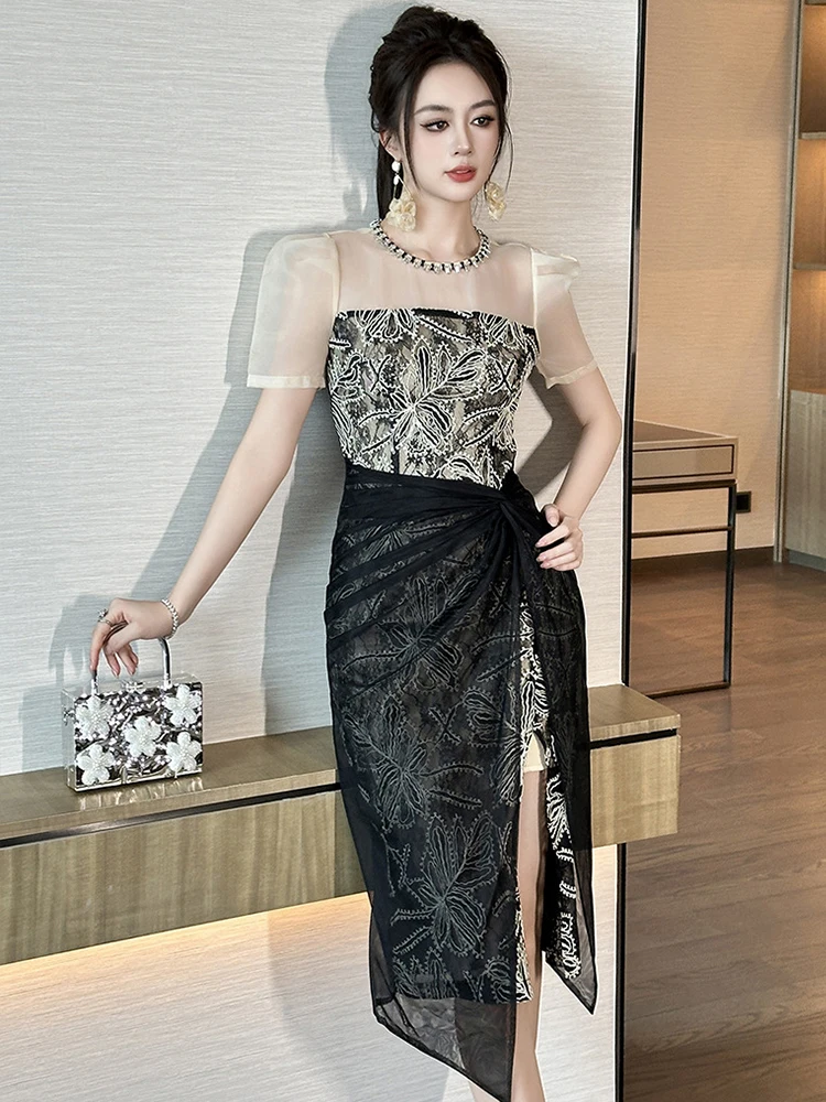 Vestido de fiesta francés de lujo para mujer, elegante, Sexy, con diamantes, malla transparente, encaje bordado, empalme, abertura larga, Vestidos de banquete