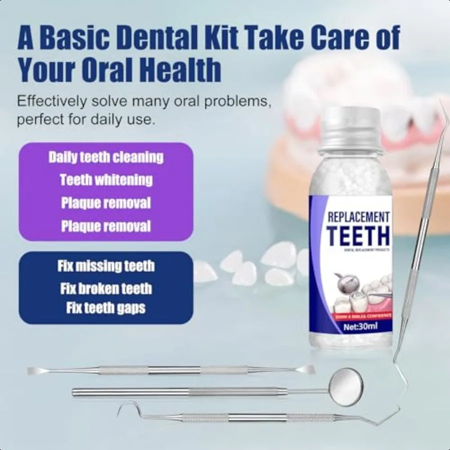 Kit de reparación de dientes, Kit de reparación de relleno de dientes moldeable con 4 herramientas dentales que fijan los reemplazos de dientes faltantes y rotos, Make Yo