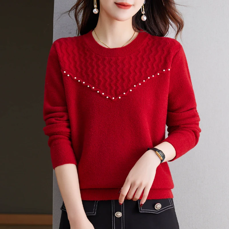 Women Pullover Sweater 2024 New Autumn Winter Clothes Red Happy Solid Patchwork Pearls O-Neck Casual Female Bottom Shirts