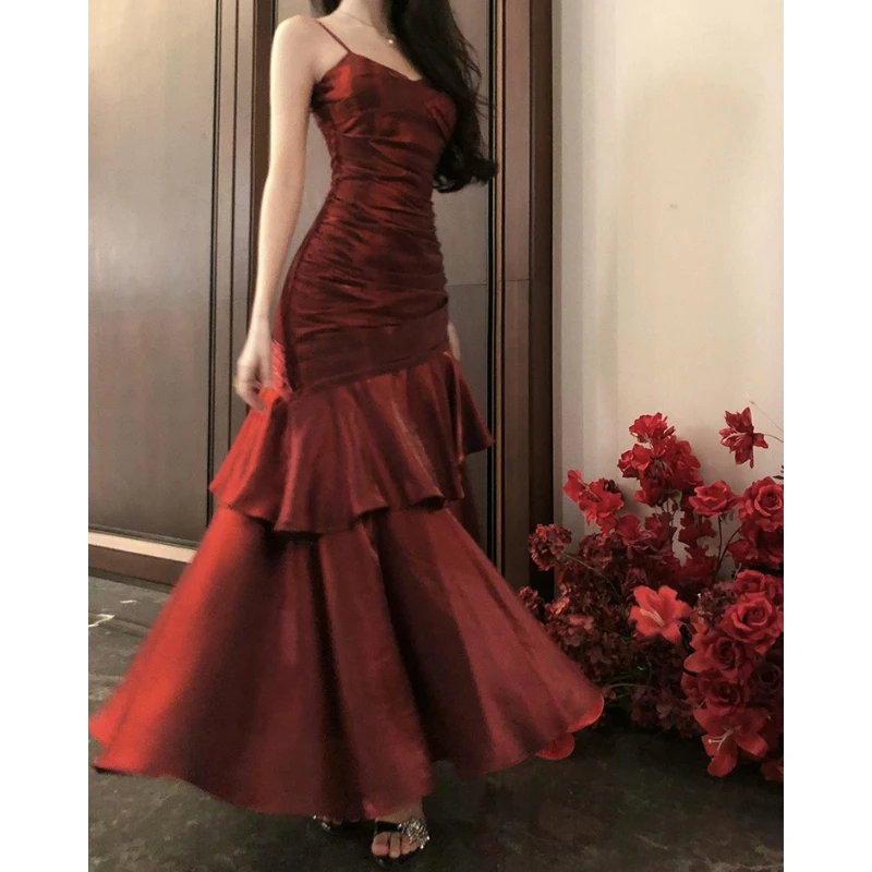 女性用サマーニューエレガントラッフルマキシドレス、ライトラグジュアリーボディコンスリングフィッシュテールドレス、ヴィンテージパーティガウン、プロムやイベントに