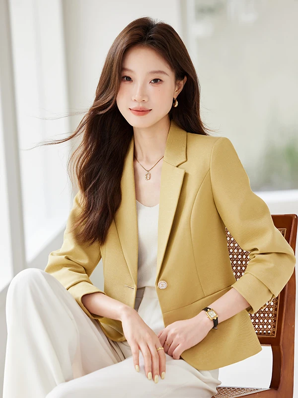 

Fashionable Short Women's Jacket Korean Style Commute Slimming Waist Design Polyester Fiber Long Sleeve Pure Color