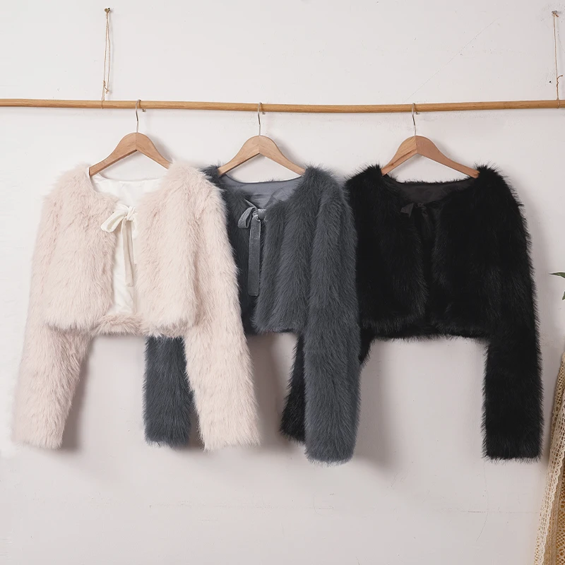 럭셔리 여성 겨울 두꺼운 따뜻한 인조 모피 코트 긴 소매 레이스업 O넥 크롭 숏 블랙 재킷 스트리트웨어 패션 아우터웨어