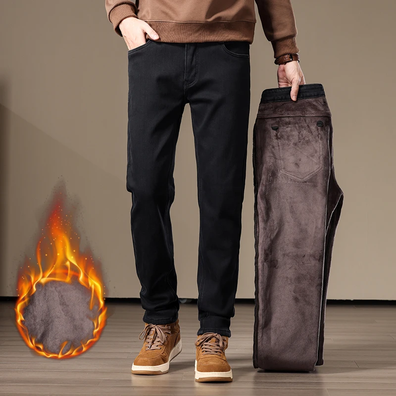 

Зимние флисовые теплые джинсы, мужские высококачественные мягкие удобные эластичные утолщенные джинсовые брюки, плюшевые бархатные повседневные прямые брюки