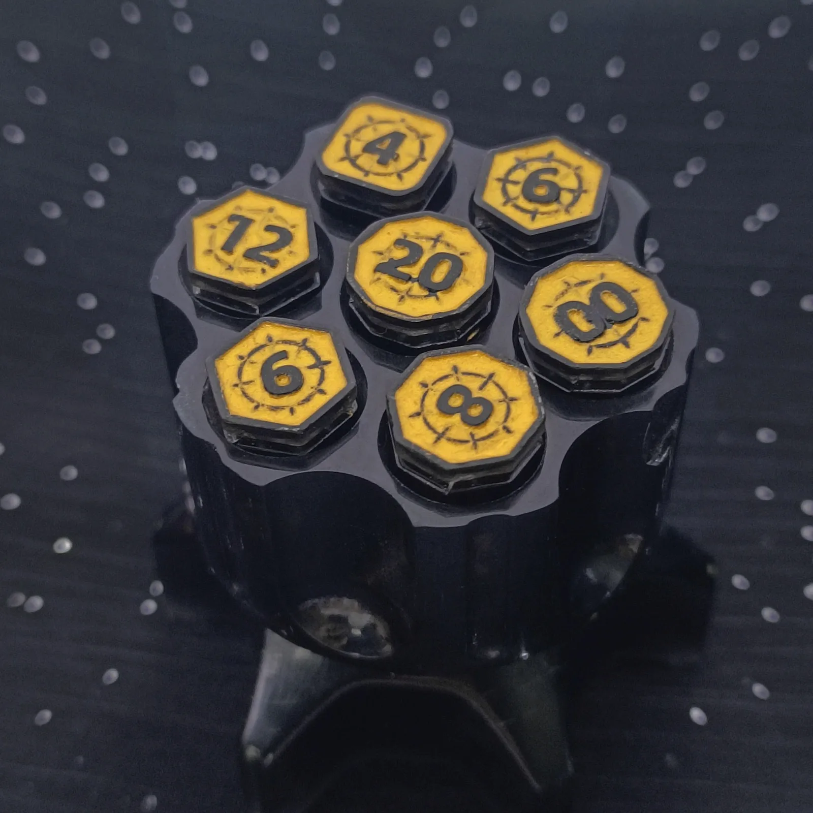 Polyhedral Bullet Dice Set of 7 with Spinning Revolver Cylinder Container for D&D, Sci-Fi, War, or Crime Theme Tabletop Games