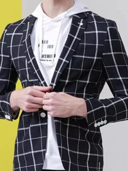 

Men's Busin Casual Slim Fit Plaid Linen Spring Jaet 9X22SA Faionable Gentleman Sle Long Sve Single Breasted