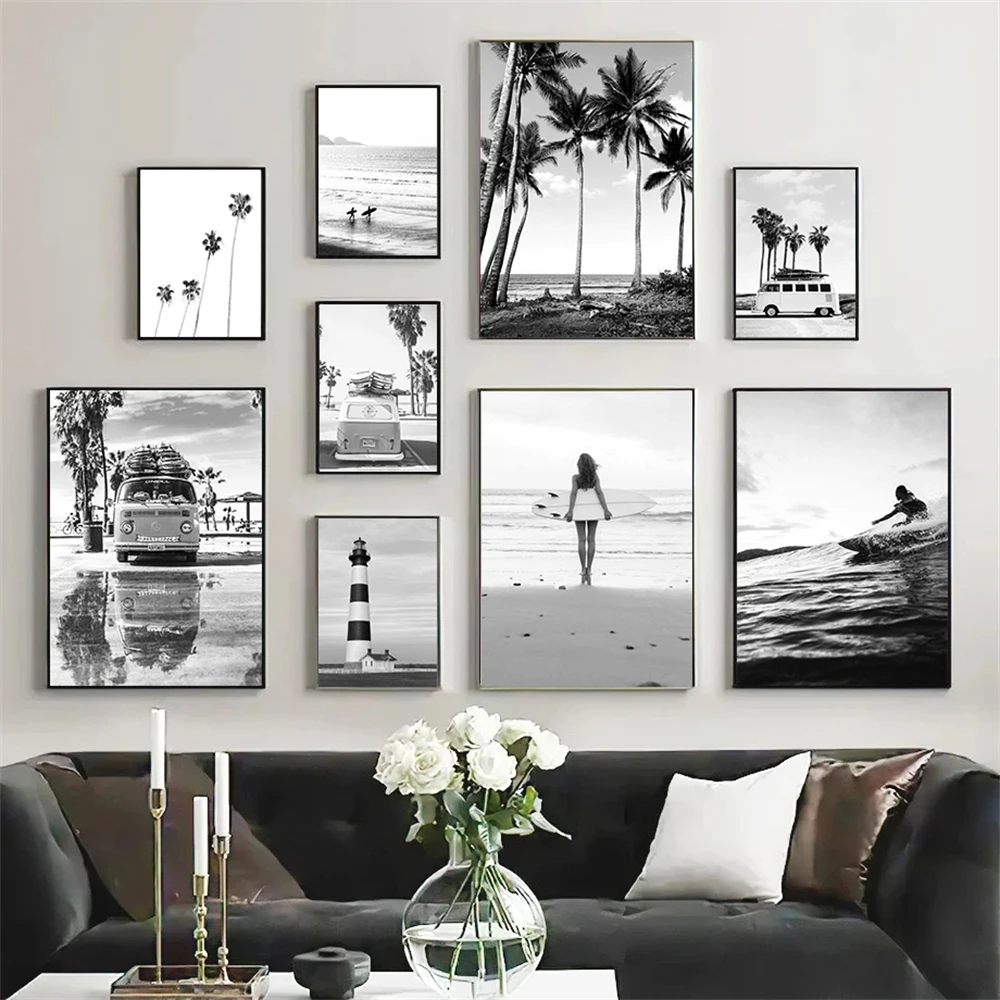 

Black And White Sea Beach Surfing Bus Posters Wall Art Canvas Painting Coconut Tree Print Pictures Nordic Poster Home Decoration