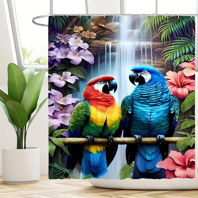 1pc/3pcs/4pcs Parrot Pattern Under the Waterfall Shower Curtain Four- Three-piece Set