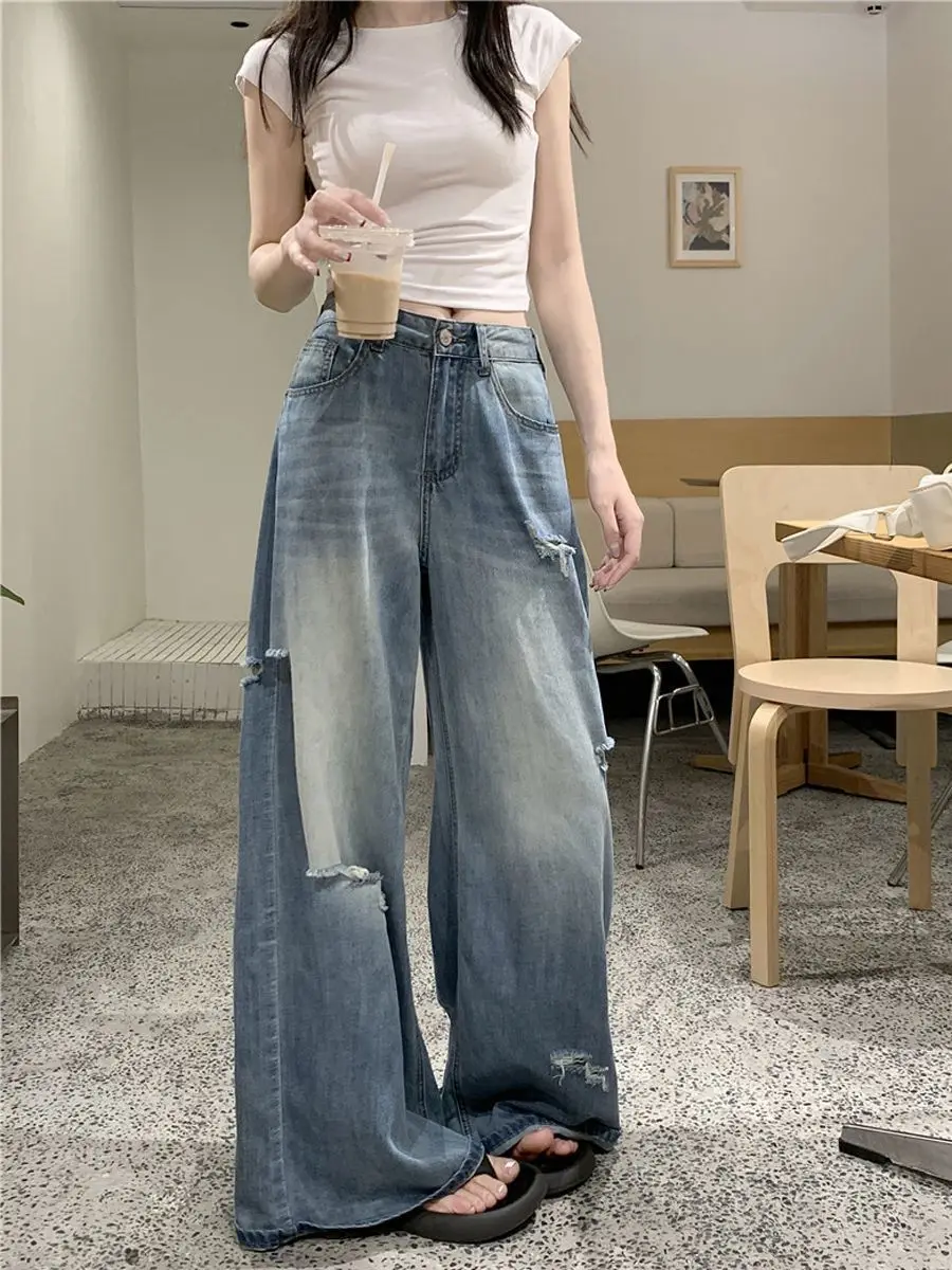 

American Retro High Waist Ripped Jeans Women Summer New Hot Girls Slimming Loose Straight Trousers Wide-Leg Trousers