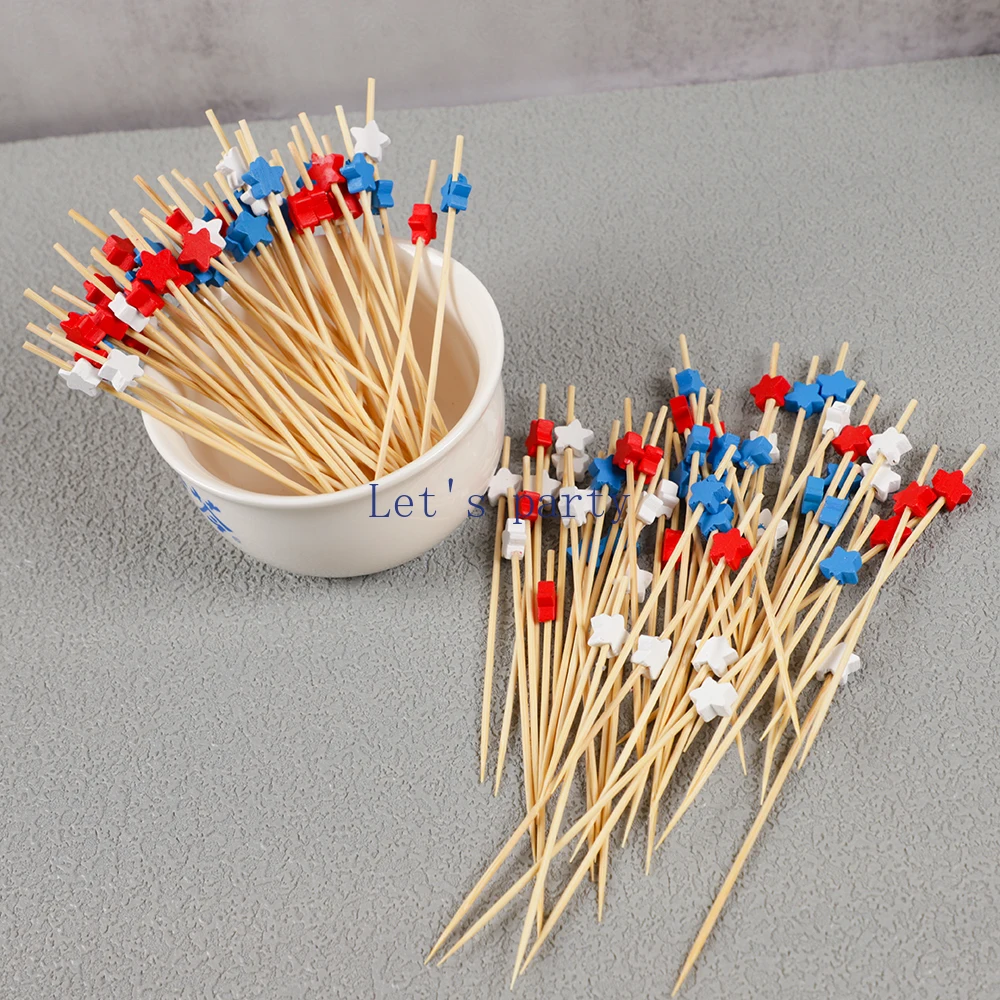 100Pcs Independence Day Theme Disposable Bamboo Food Picks Star Dessert Fruit Forks for 4th of July Birthday Party Decoration