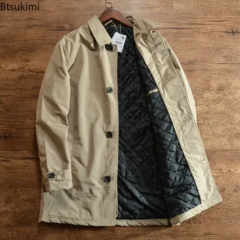 2026 Men's Elegant Windbreaker Jackets Vintage Simple Casual Warm Trench Coats Autumn Winter Medium Length Lapel Button Up Tops