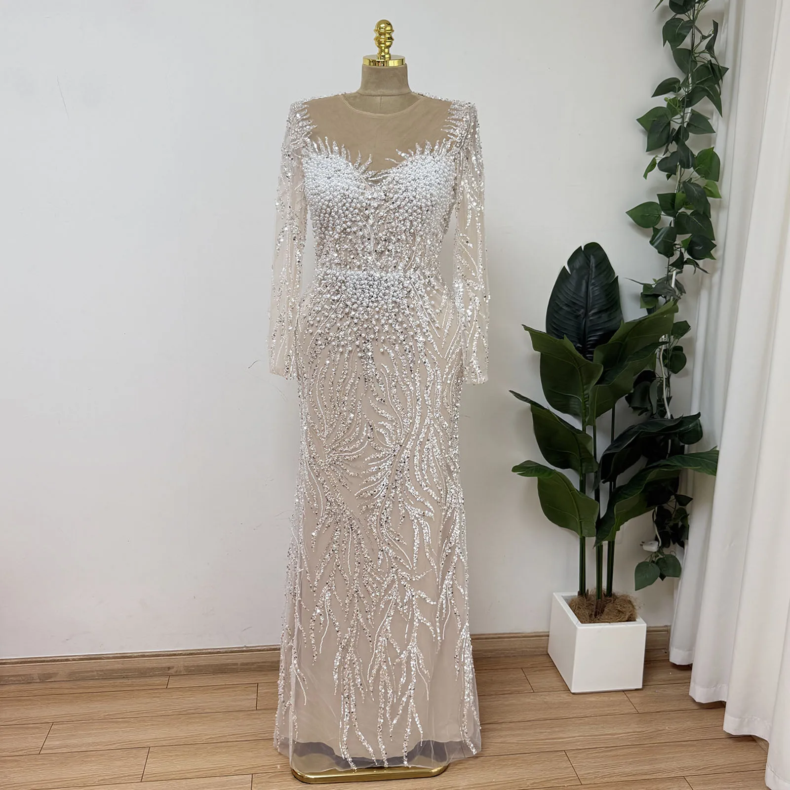Eshault&bridal Beaded Mermaid Evening Dress Long Sleeve Pearls Formal Party Gown Robe De Soiree For Arabic Women Customized 2026