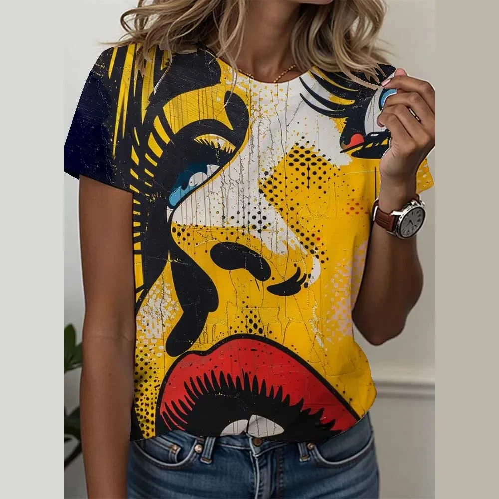 

Футболки для лица в стиле поп-арт Этническая геометрия Лицо в стиле поп-арт с 3D принтом Женская уличная футболка с круглым вырезом Harajuku Y2k Футболки большого размера