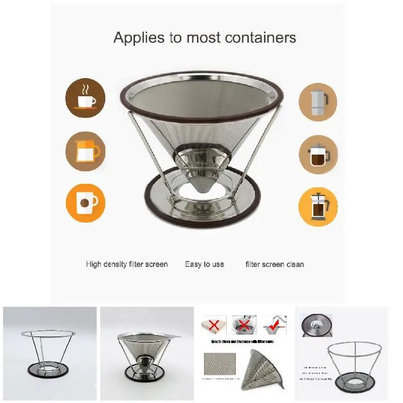 Cone Coffee Filter With Stand Stainless Steel Double-deck Filters Ccreen Reusable Pour Over Coffees Maker Dripper Funnel