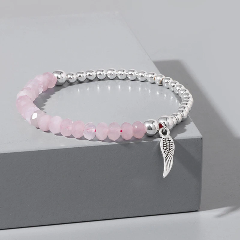 Natural Stone Rose Pink Quartz Bracelet 3x5mm Faceted Tiger Eye Agates Angel Wing Pendant Bracelets Women Men Lucky Jewelry Gift