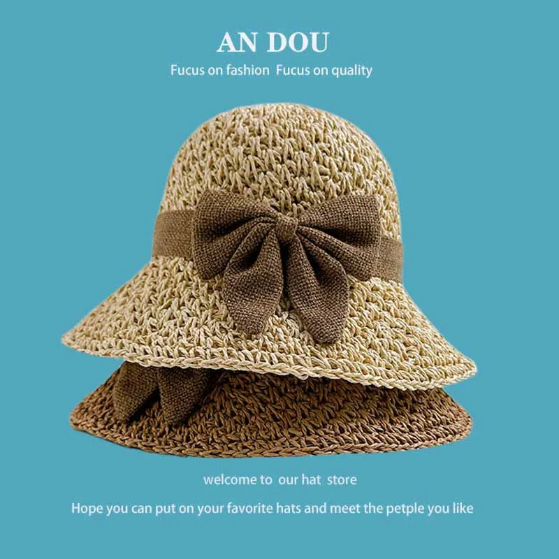 

Korean Style Spring and Summer Pastoral Elegant Bow Straw Hat Women's Travel-Proof Hat Retro Fashion Fisherman Hat