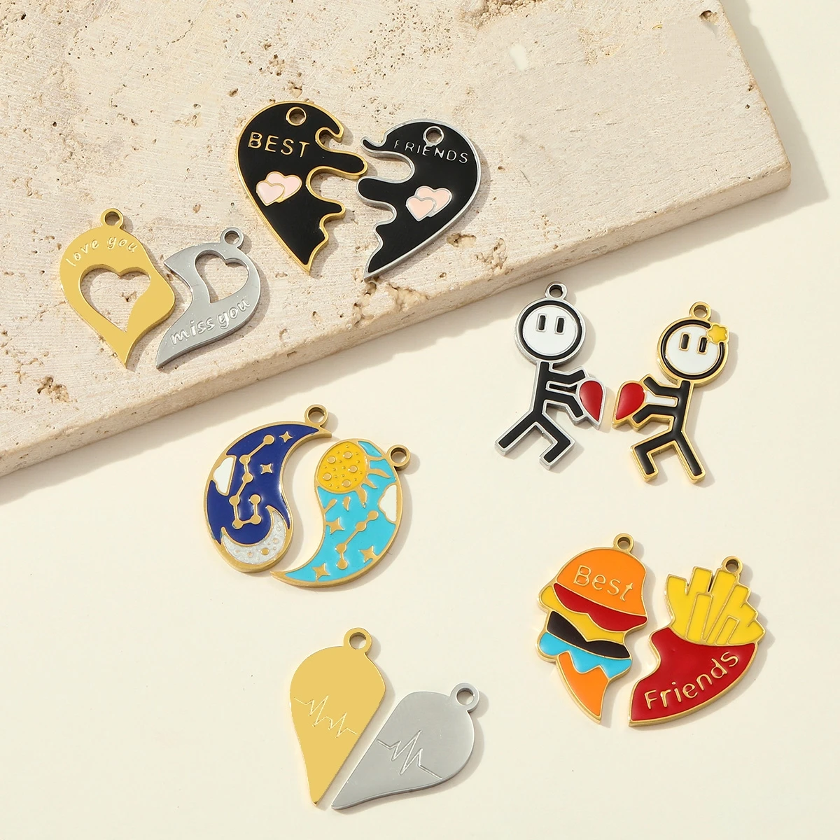 

3Pairs/Lot Stainless Steel Best Friends Charms Lovers Heart Enamel Pendants For DIY Making Jewelry Accessory Wholesale