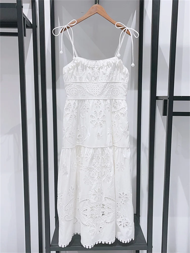 

White Women Backless Sling Midi Dress Thin Ribbon Ball Pendant Hollow Out Flower Embroidered Strapless Ladies Robe 2024 Summer