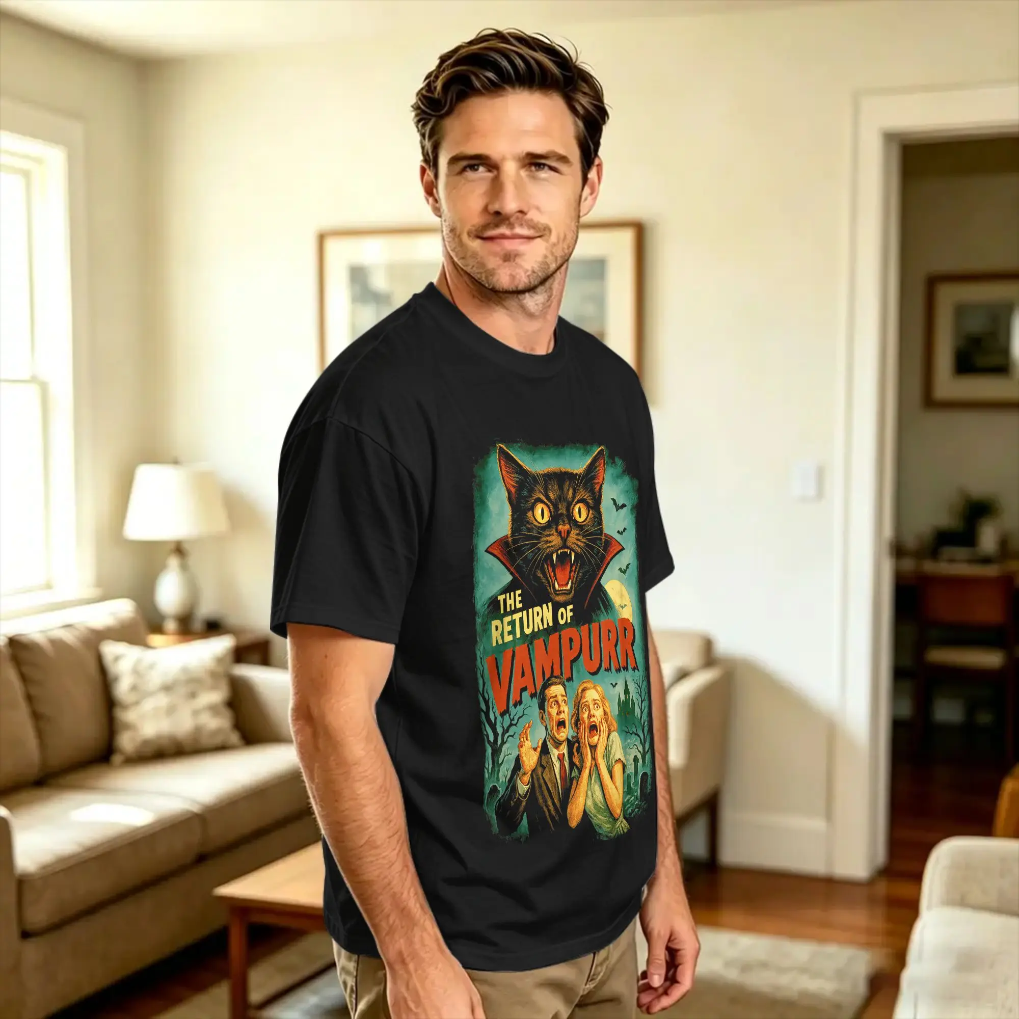 Men Vampurr Return  Funny Cat Vampire Horror Movie T-Shirts  Cotton Tees Summer Funny Short Sleeves T Shirt O Neck Tee Shirt