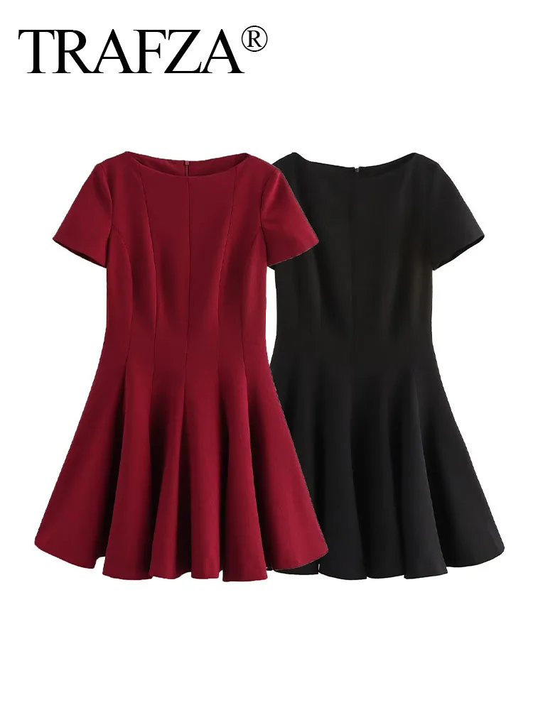 

TRAFZA 2024 Elegant Woman Versatile Casual Slim Pleated Dress Women Fashion O-Neck Short Sleeves Zipper Solid Mini Dress Mujer