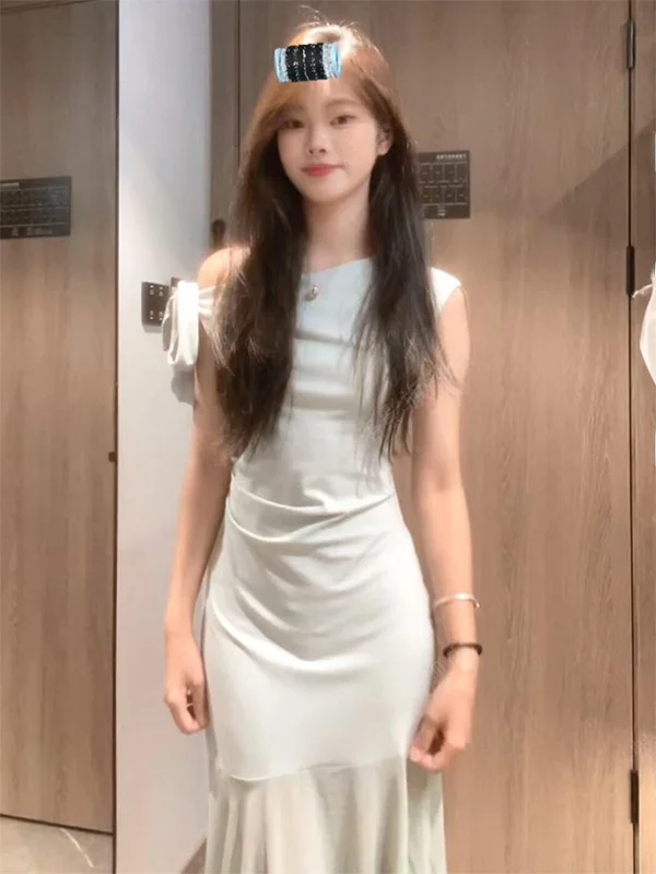 

Платье во французском стиле с вязаными сетчатыми вставками и открытыми плечами, женское облегающее платье с длинной юбкой, однотонное, с высокой талией, летнее платье