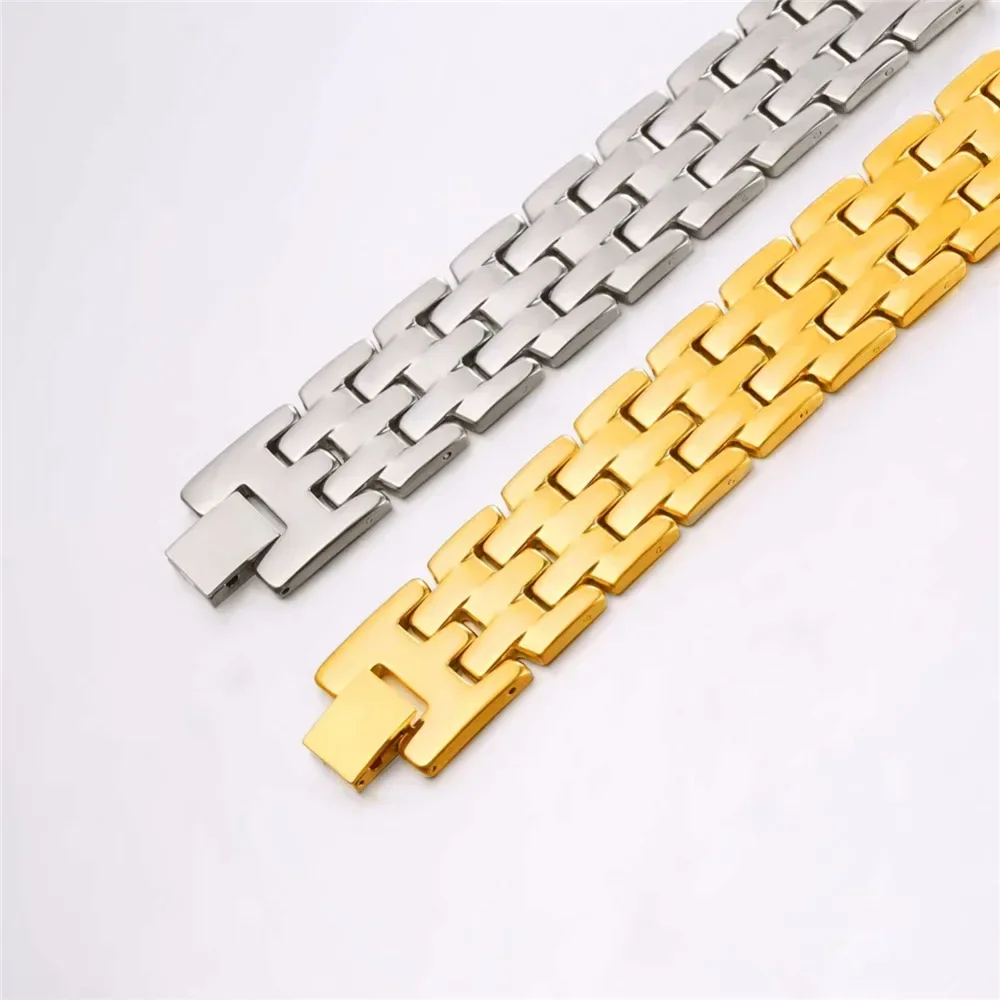 U7 Stainless Steel 19cm Flat Watch Band Strap 8mm Wide Chain Bracelet Wristband (with adjusting tool) Men Jewelry Gift for Him