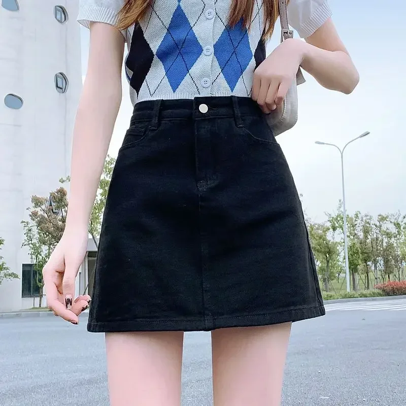 

Women's Denim Skirt Short Zipper Tight Black Wrap A Line Aesthetic Y2k Vintage V Mini with Pocket High Waist Female Jeans Skirts