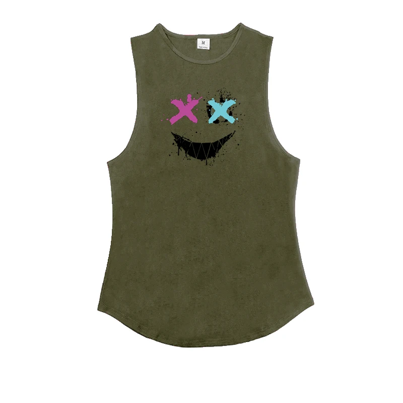 Mens Fitness Cotton Sleeveless Tank Tops Trendy Personality Funny XX Smile Face Print Vests Gym Bodybuilding Sport Loose T-shirt