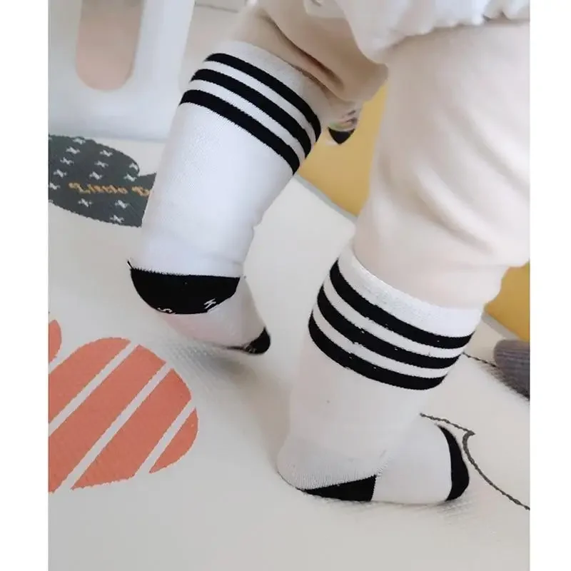 Korean Black White Striped Anti-slip Home Stitch Floor Stocking Spring Autumn Winter Soft Cotton Baby Girls Knee High Long Socks